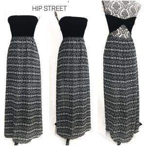 DECREE Jersey Strapless Top Tribal Print Chiffon Skirt Open Back Maxi Dress S/M